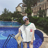 韩版大领口拼色T恤女式夏季卡通印花宽松BF风白色短袖T恤上衣AE53