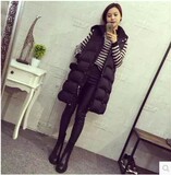 2015冬季新款女装韩版黑色连帽真毛毛球中长款棉衣马甲加厚棉背心