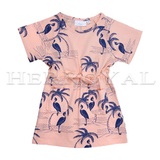HERROYAL 2015夏季超美高贵的粉色仙鹤短袖连衣裙纯棉 亲子母女装