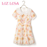 Liz Lisa2016夏装新品日系6047甜美娃娃领收腰太阳花短袖连衣裙