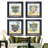 美式沙滩铁桶贝壳装饰画 客厅沙发背景有框组合画 简约海洋风情画