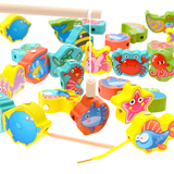 格尔玛 1-2-3岁宝宝钓鱼玩具儿童益智磁性木制积木磁铁鱼套装游戏