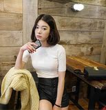 韩版女夏季修身显瘦一字领纯色中袖上衣短袖简约针织打底衫t恤