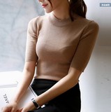 韩国代购秋季薄款韩版半高领针织衫女套头毛衣中袖修身紧身打底衫