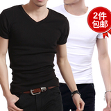 2件包邮男士纯棉V领短袖T恤男装韩版修身运动t恤弹力紧身打底汗衫