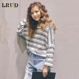 LRUD2016春装新款韩版圆领套头条纹T恤女百搭显瘦长袖针织打底衫