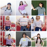 夏季女装新款韩国东大门粗横细条纹彩虹印花百搭显瘦短袖T恤男女