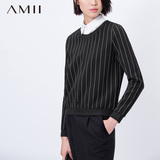 Amii女装旗舰店艾米春装新款圆领黑白竖条纹空气层百搭大码卫衣