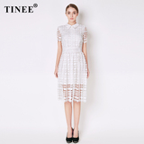 Tinee小清新水溶蕾丝白色连衣裙 夏季中长款2016修身显瘦白裙子仙