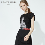 太平鸟女装2016夏季新品宽松印花中长款针织衫 蝙蝠袖圆领短袖T恤