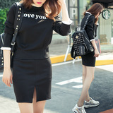 韩版女装春装2016新款潮长袖两件套连衣裙子夏印花显瘦包臀裙套装