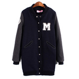 新款女装外套韩版时尚羊毛呢加厚中长款M字母贴布棒球服女棉衣