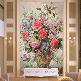 玄关背景墙纸竖画玫瑰花卉花瓶暖色壁布现代环保壁纸无缝壁画定制