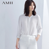 Amii2016秋新款通勤百搭立领肩章修身纯色大码女长袖雪纺衬衫
