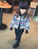 女童时尚外套韩版休闲小外套宝宝加厚双排扣格子短款呢子外套清仓