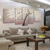 抽象挂画手绘装饰画客厅沙发背景壁画五联发财树油画家居无框挂画