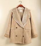 2015新款日本外贸原单女装大牌尾单日系双排扣鹿皮绒大衣加厚外套