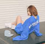 2016秋 韩国代购背字母印花中长款长袖T恤宽松休闲蓝色薄款卫衣女