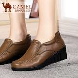 Camel/骆驼女鞋 春季新款舒适休闲 牛皮圆头坡跟休闲女鞋