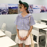 夏装新款韩国甜美可爱学院风软萌妹子海军风娃娃领格子衬衫女上衣