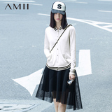 Amii极简主义欧美休闲撞色条纹立领针织开衫棒球服女长袖秋冬外套