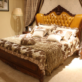 欧式床 深色实木雕花双人床 1.8米美式大床结婚床 真皮床卧室家具