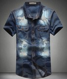 常规短袖修身大码衬衣男士新款夏装水洗牛仔衣时尚迷彩军旅衬衫