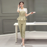 韩版气质职场套装女时尚25-35周岁棉麻短袖收腰上衣八分裤两件套