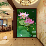 中式玄关背景墙走廊过道客厅餐厅墙纸壁纸大型无缝壁画荷塘莲花
