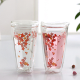 创意樱花双层耐热玻璃杯 可爱透明杯子 办公水杯 牛奶果汁杯带盖