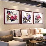 热卖中式牡丹花鸟国画装饰画客厅现代纯实木有框画花开富贵三联挂