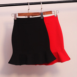 夏季修身显瘦黑红两色弹力高腰短裙 荷叶边鱼尾包臀裙半身裙C180