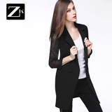ZK单排扣镂空长袖拼接西装领风衣外套中长款修身女装2016春装新款