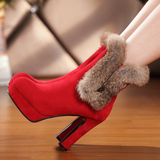 秋冬季新款女靴子真皮兔毛短靴中筒靴韩版红色婚鞋粗跟高跟雪地靴