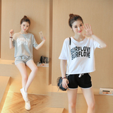 夏季韩版宽松女学生闺蜜装全棉短袖字母T恤+短裤休闲跑步运动套装