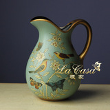 欧式田园陶瓷花瓶摆件 时尚豪宅手绘花器装饰品 美式乡村奶壶
