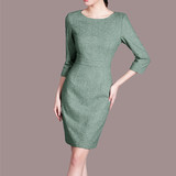 女子2016春秋装新款简约七分袖拼接开叉铅笔裙绿色羊毛呢子连衣裙