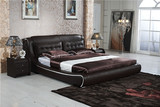新款 咖啡色实木真皮床 1.8米小户型皮床 带腰枕舒适双人床 婚床
