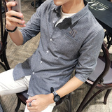 2016夏季男装个性刺绣五分袖衬衫 日系复古时尚休闲短袖中袖衬衣