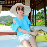 2015夏季新品韩国代购 大码女装女式露肩上衣打底雪纺衫短袖T恤潮