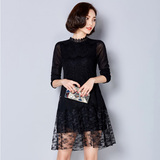时尚韩版修身中长款蕾丝打底衫薄款春装女士欧根纱拼接长袖上衣黑