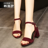 2016韩版夏季新款酒红色绑腿一字带粗跟高跟鞋一字扣真皮女凉鞋潮
