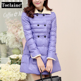 Toelaine2015新款冬装韩版女装中长款纯色加厚皮衣双排扣棉服外套