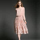 专柜正品2016春夏欧美时尚气质女装粉色蕾丝网纱连衣裙中长款新款