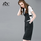 JC2016时尚套装女黑白细条纹撞色显瘦拼接阔腿裤女马甲上衣女新款