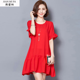 2016夏季新款女装韩国宽松腰大红色连衣裙中长款不规则女士裙子