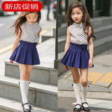 韩版夏季女童装修身衬衫式纯棉黑白圆点立领方领无袖衬衣短裙套装