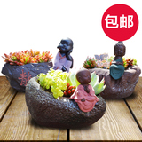 创意手工紫砂多肉植物花盆小花盆个性彩砂陶瓷小和尚植物盆栽送人