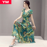 YM女装品牌欧洲站2016夏装新款短袖韩版修身碎花中长款雪纺连衣裙