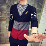 秋季休闲男士长袖衬衫韩版修身个性拼接假两件衬衣青年发型师寸衫